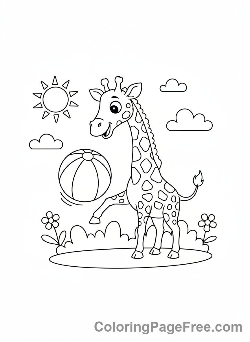Giraffe playing with ball coloring page