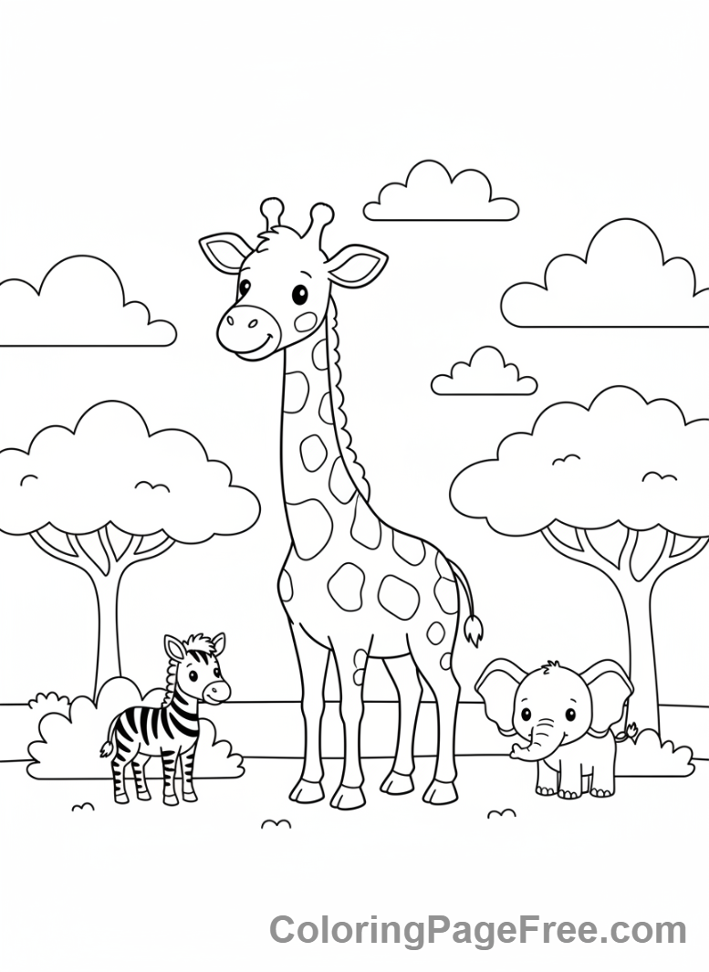 Giraffe and savanna friends coloring page