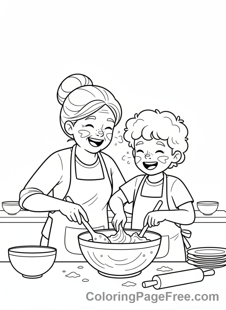 Grandparents Day coloring page - Baking cookies together