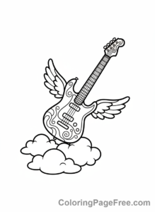 Guitar coloring page - Flying guitar clouds