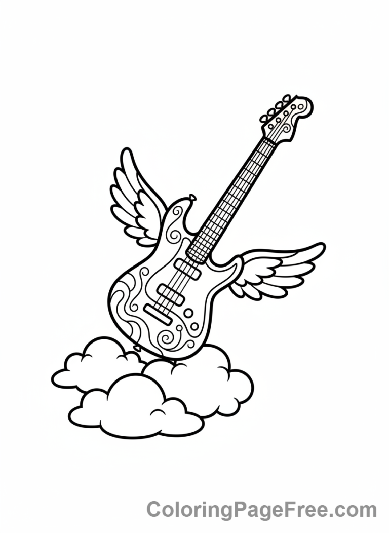 Guitar coloring page - Flying guitar clouds