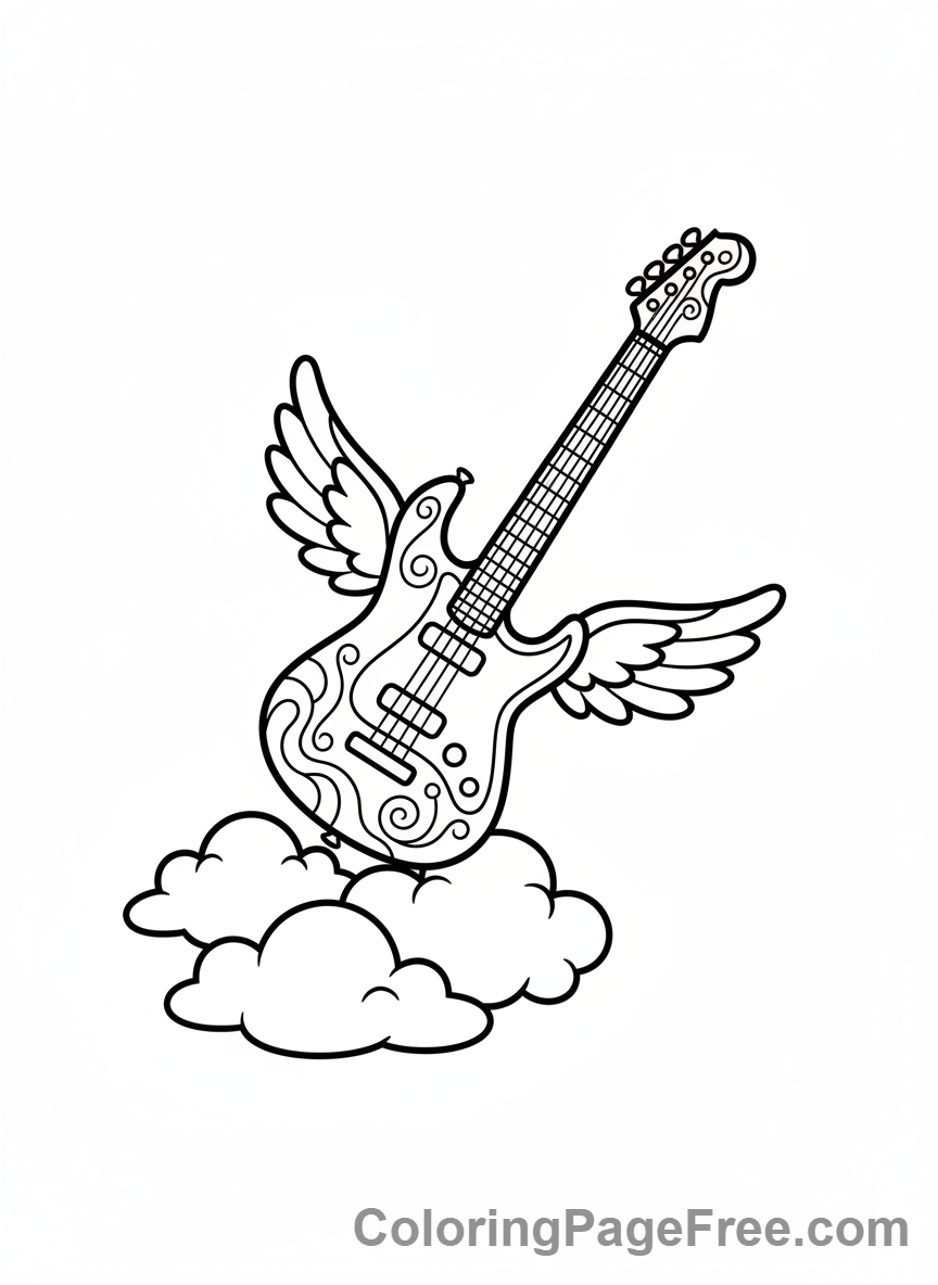 Guitar coloring page - Flying guitar clouds