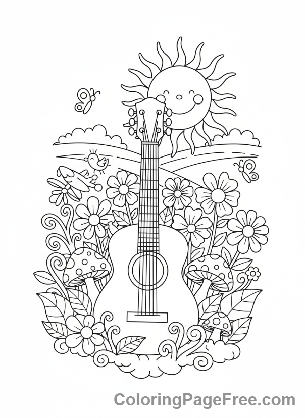 Guitar coloring page - Guitar flower garden