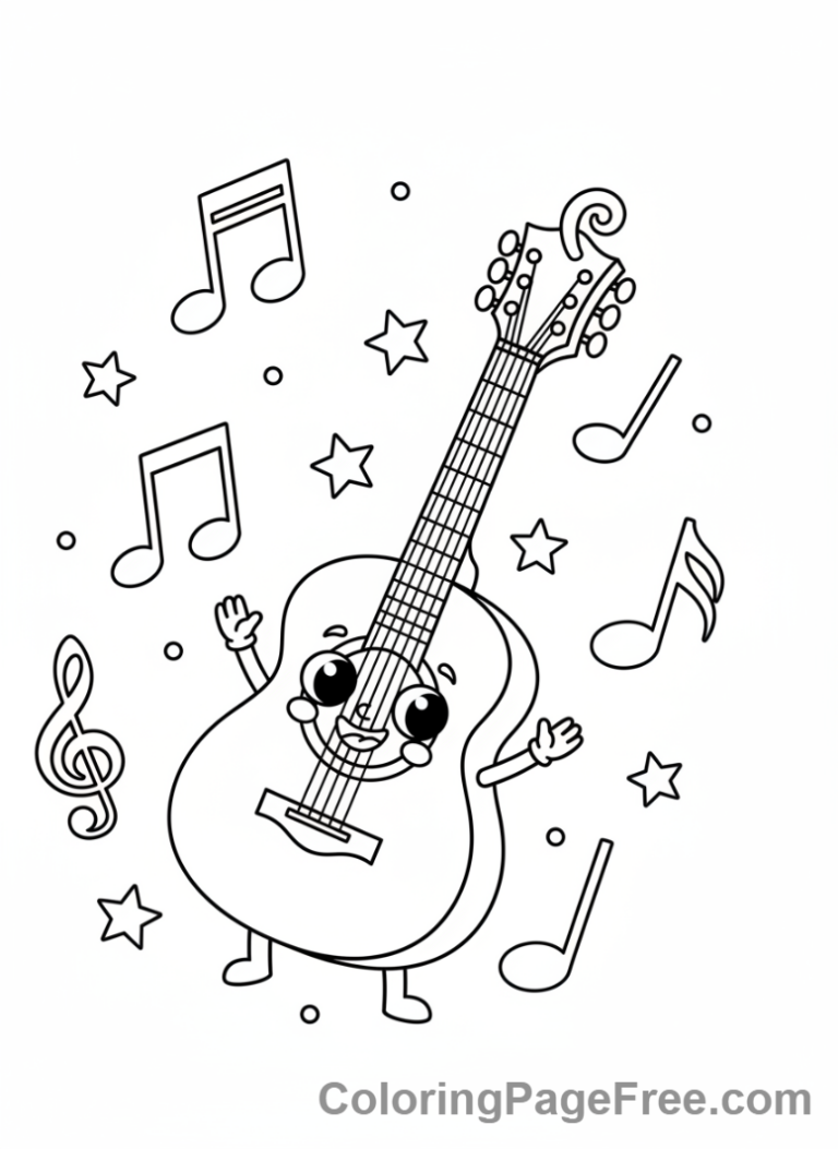 Guitar coloring page - Guitar music notes