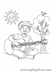 Guitar coloring page - Kid plays guitar