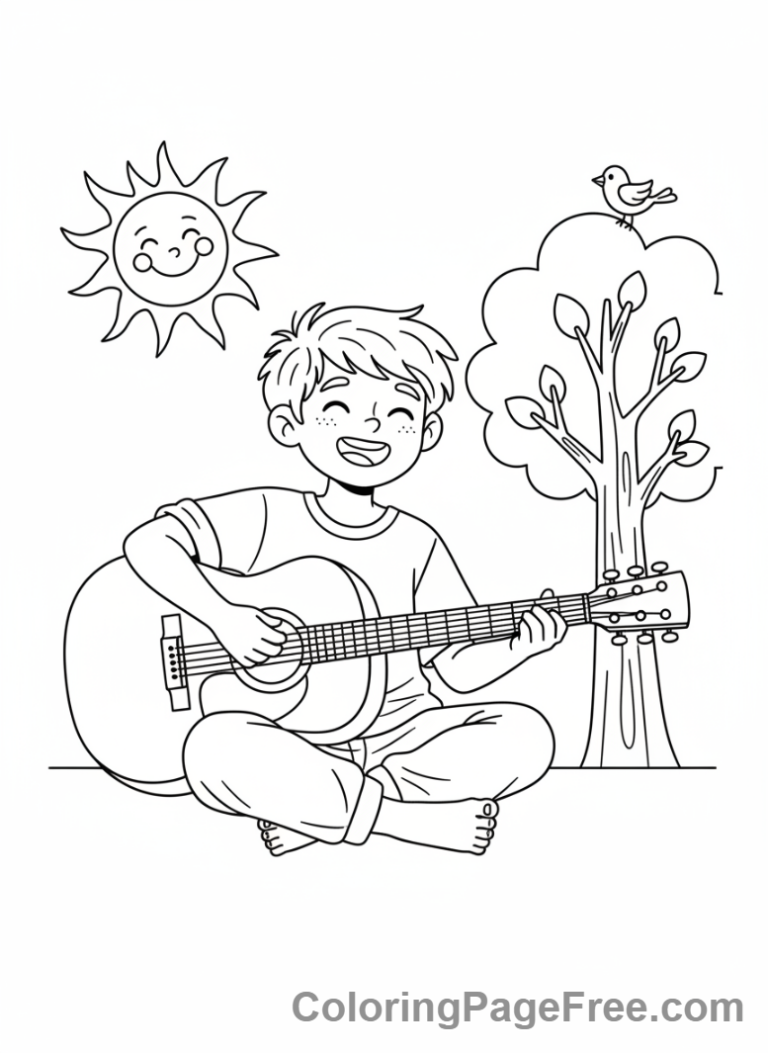 Guitar coloring page - Kid plays guitar