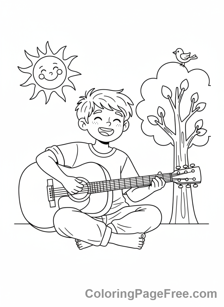 Guitar coloring page - Kid plays guitar