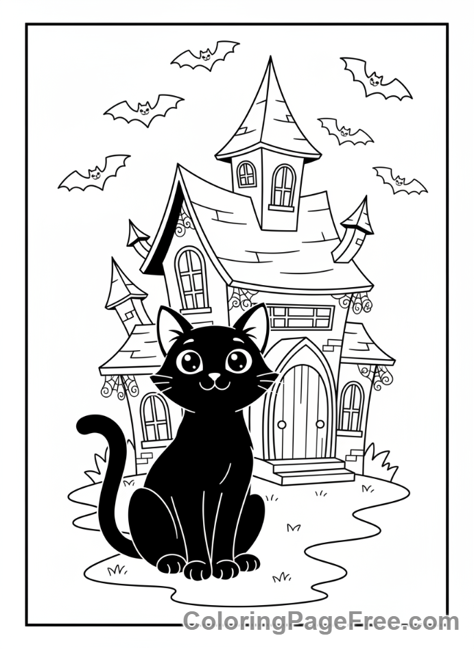 Halloween coloring page - Cat haunted house