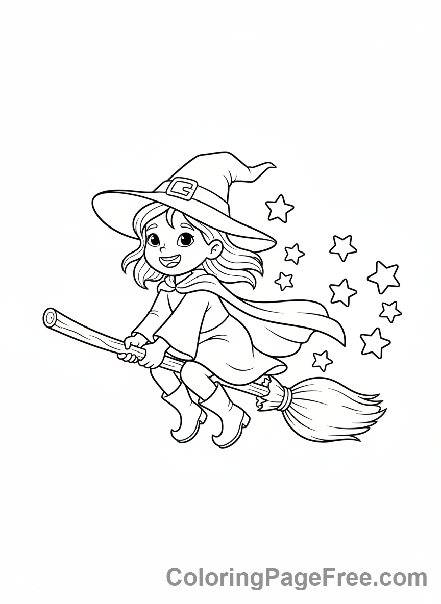 Halloween Cute coloring page - little witch flying