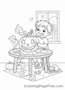 Halloween coloring page - Kid carving pumpkin