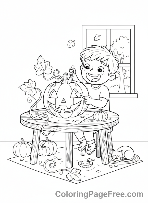 Halloween coloring page - Kid carving pumpkin