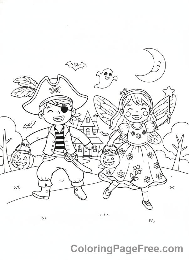 Halloween coloring page - Kids trick-or-treating