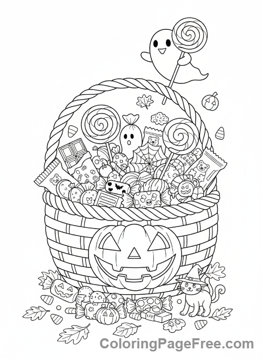 Halloween coloring page - Overflowing candy basket