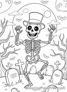 Halloween Scary coloring page - Skeleton dancing graveyard