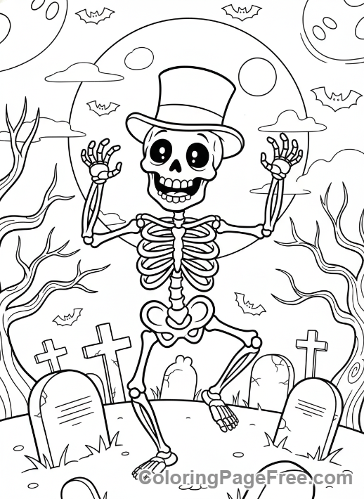 Halloween Scary coloring page - Skeleton dancing graveyard