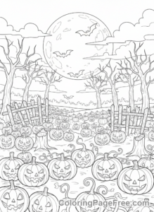 Halloween Scary coloring page - Spooky pumpkin patch