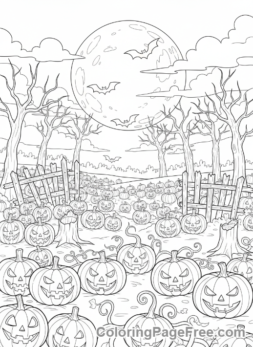 Halloween Scary coloring page - Spooky pumpkin patch