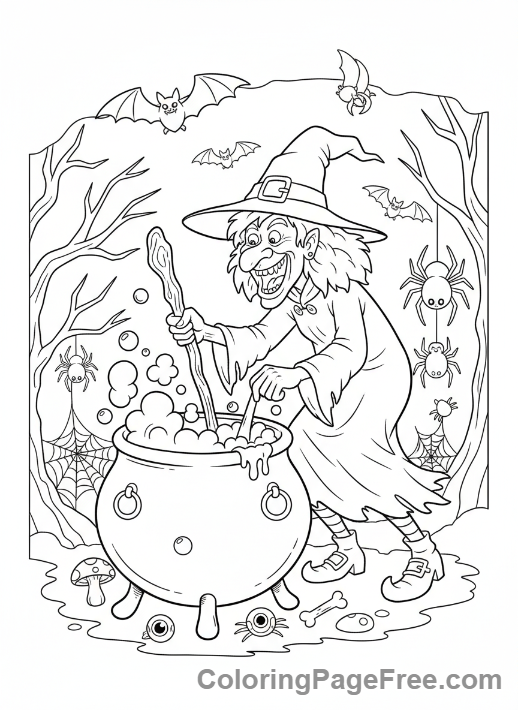 Halloween Scary coloring page - Witch brewing potion