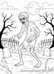 Halloween Scary coloring page - Zombie walking graveyard
