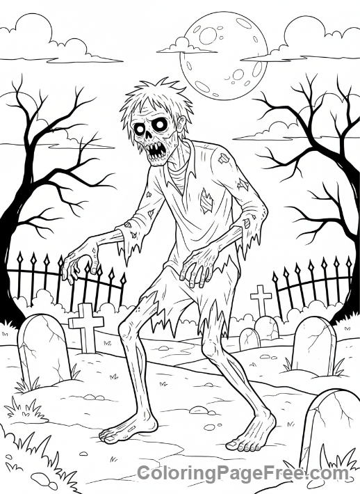 Halloween Scary coloring page - Zombie walking graveyard