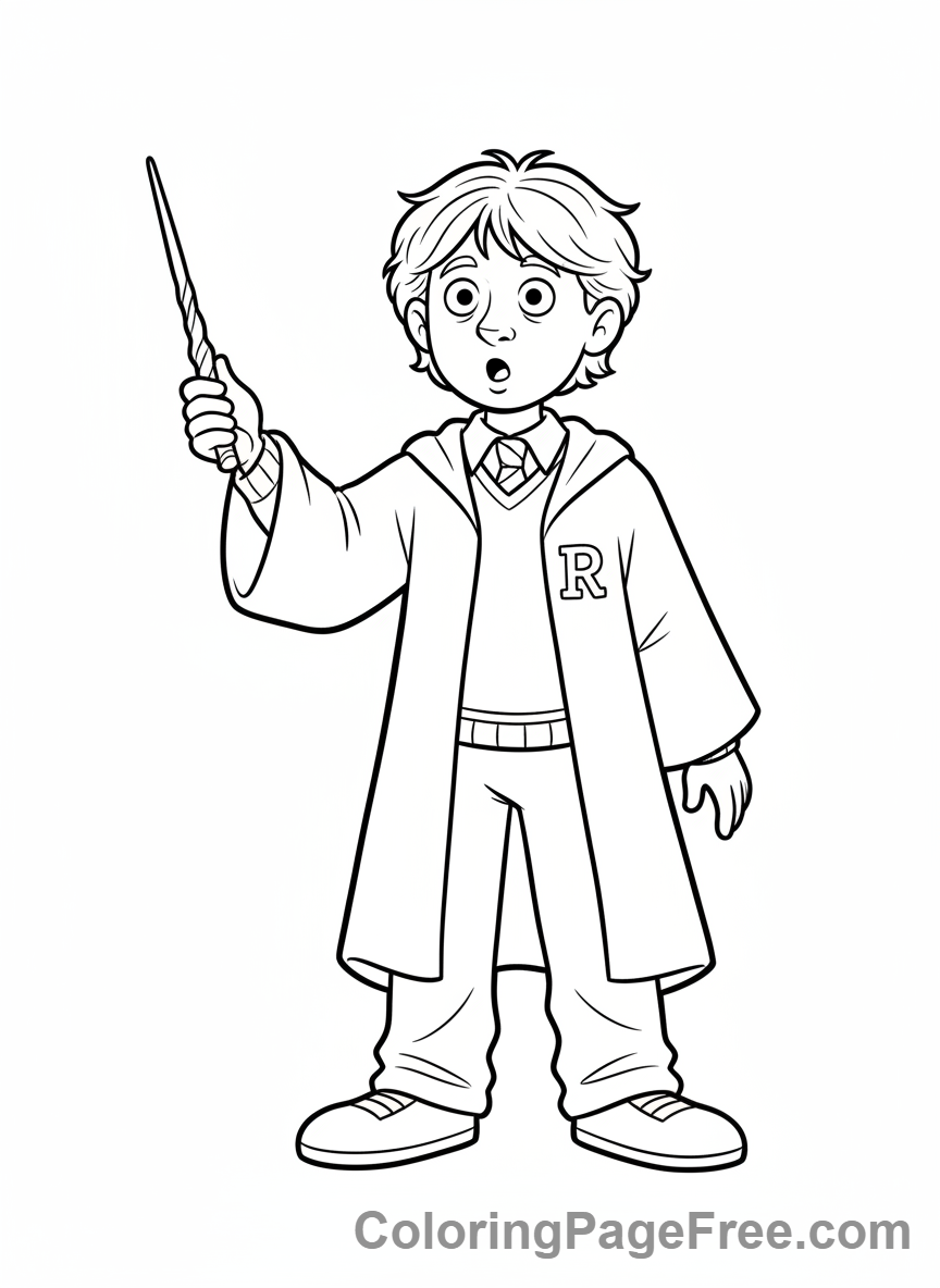 Harry Potter coloring page - Ron surprised wand