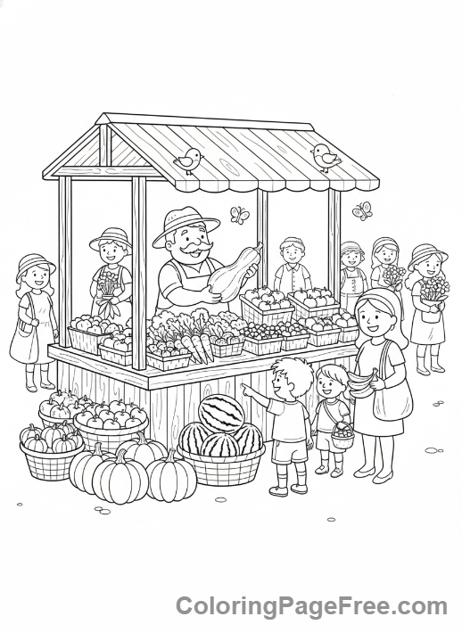 Harvest coloring page - Busy farmer market