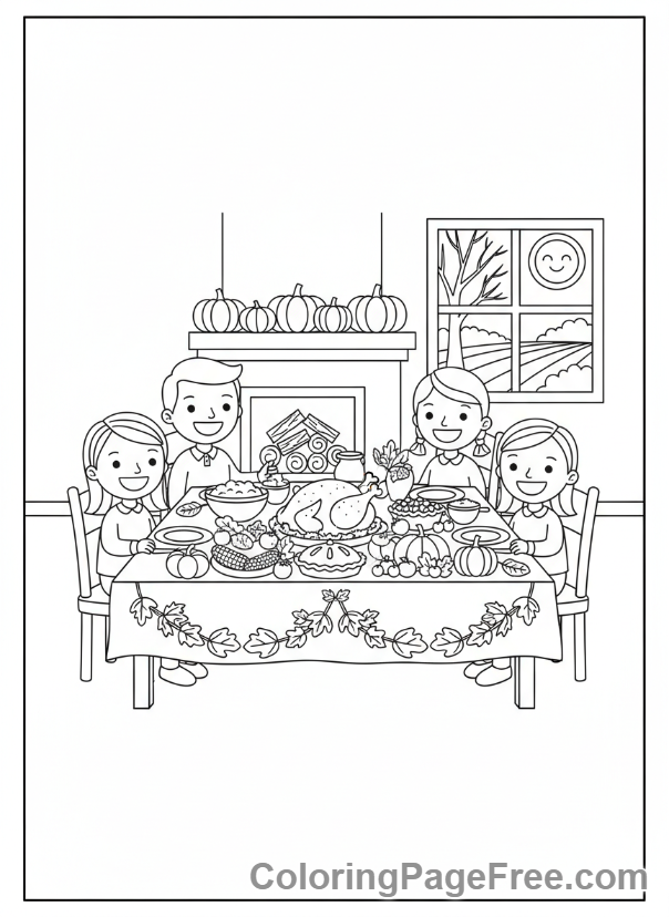 Harvest coloring page - Family Thanksgiving table