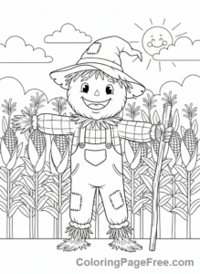 Harvest coloring page - Friendly scarecrow field