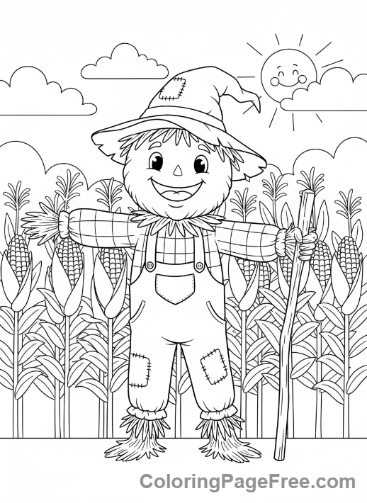 Harvest coloring page - Friendly scarecrow field