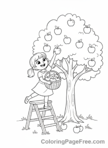 Harvest coloring page - Girl picking apples
