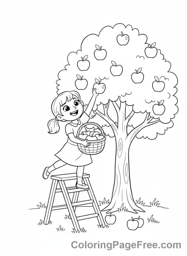 Harvest coloring page - Girl picking apples
