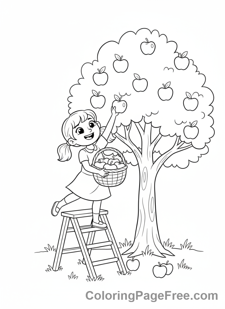 Harvest coloring page - Girl picking apples