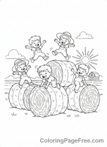 Harvest coloring page - Kids playing hay
