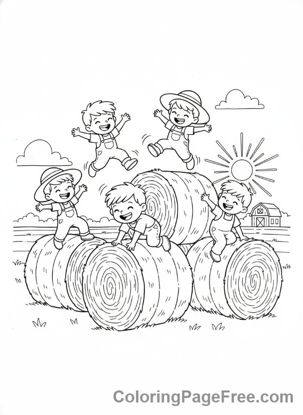 Harvest coloring page - Kids playing hay