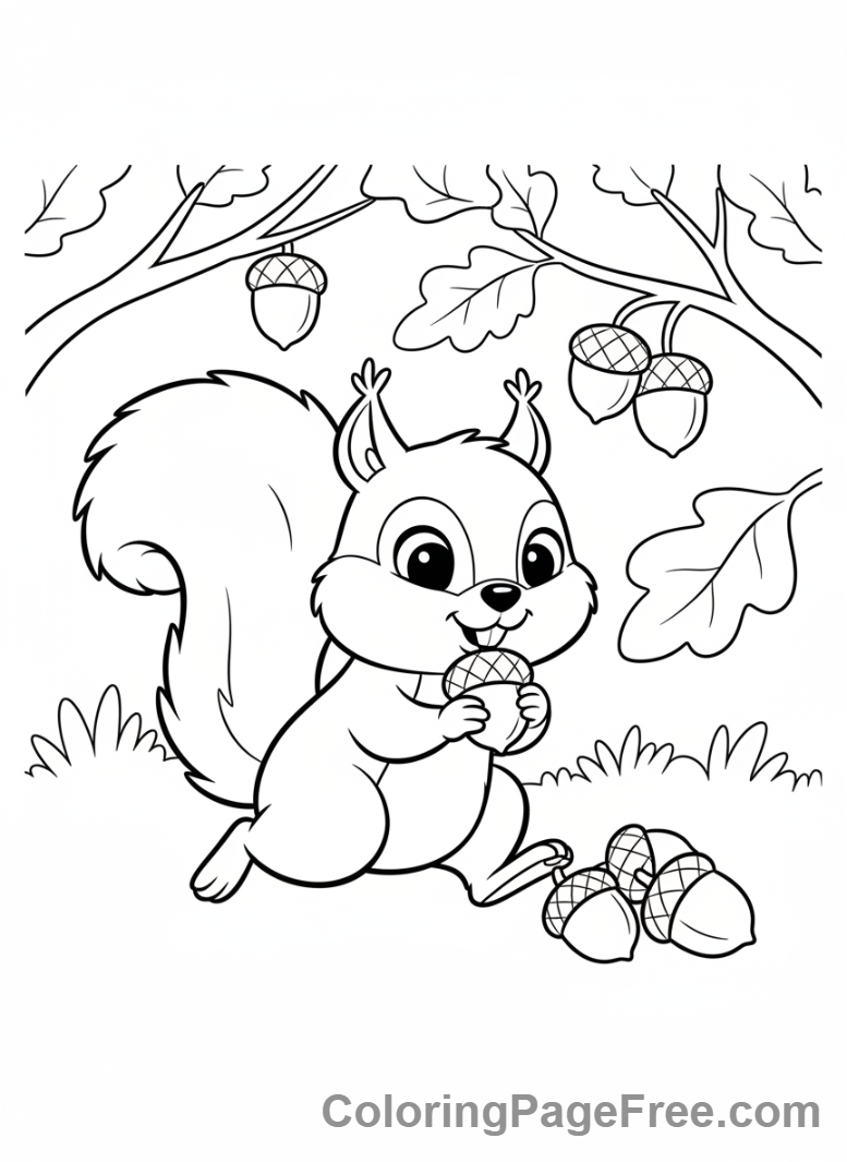 Harvest coloring page - Squirrel collecting acorns