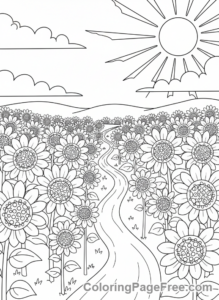 Harvest coloring page - Sunflower field landscape