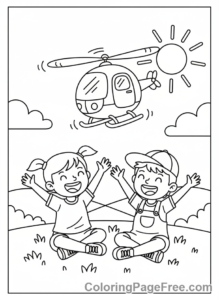 Helicopter coloring page - Kids wave helicopter