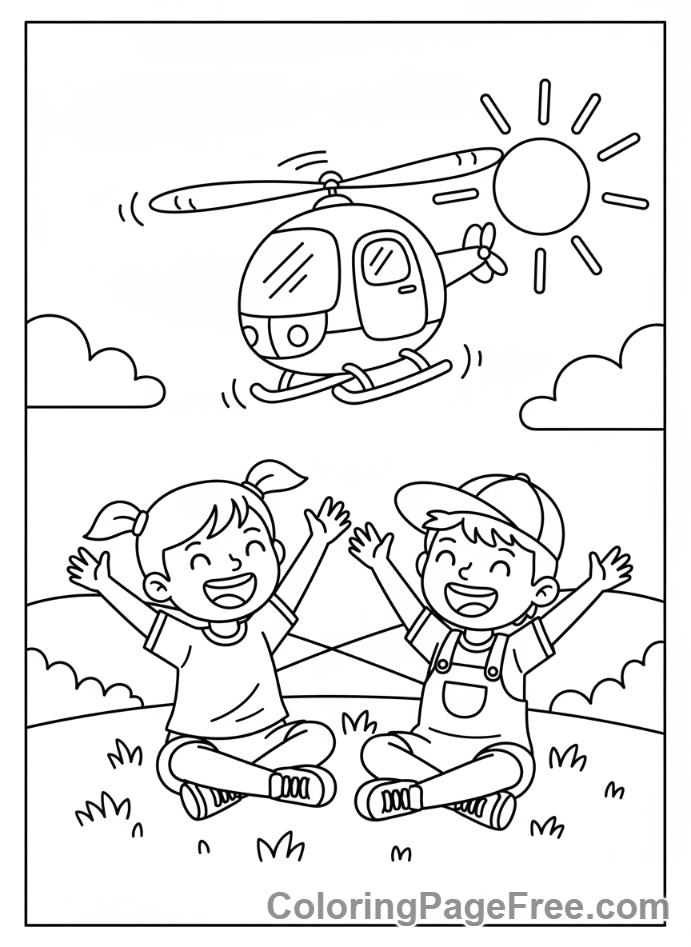 Helicopter coloring page - Kids wave helicopter