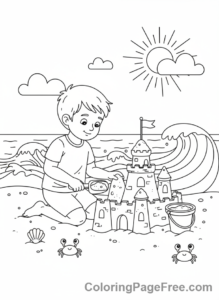Holiday coloring page - Kids building sandcastle