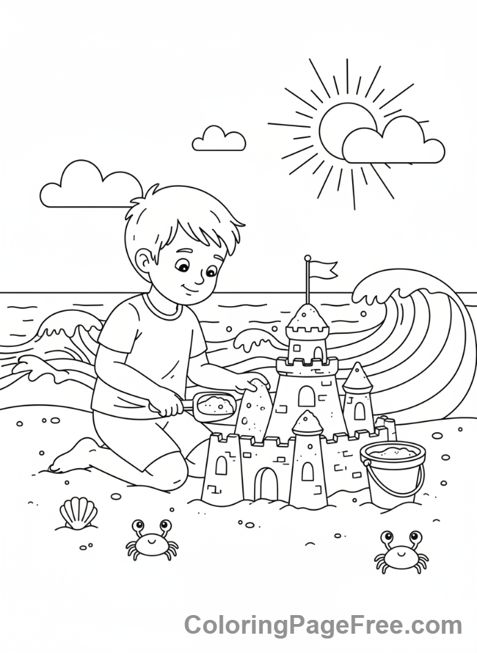 Holiday coloring page - Kids building sandcastle