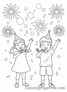 Holiday coloring page - Kids celebrating New Year