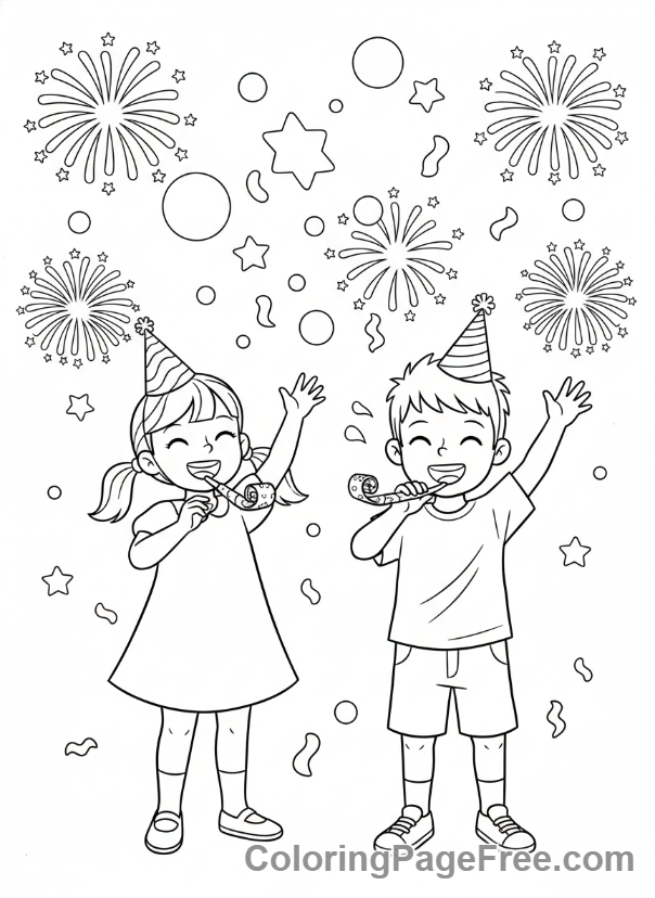 Holiday coloring page - Kids celebrating New Year