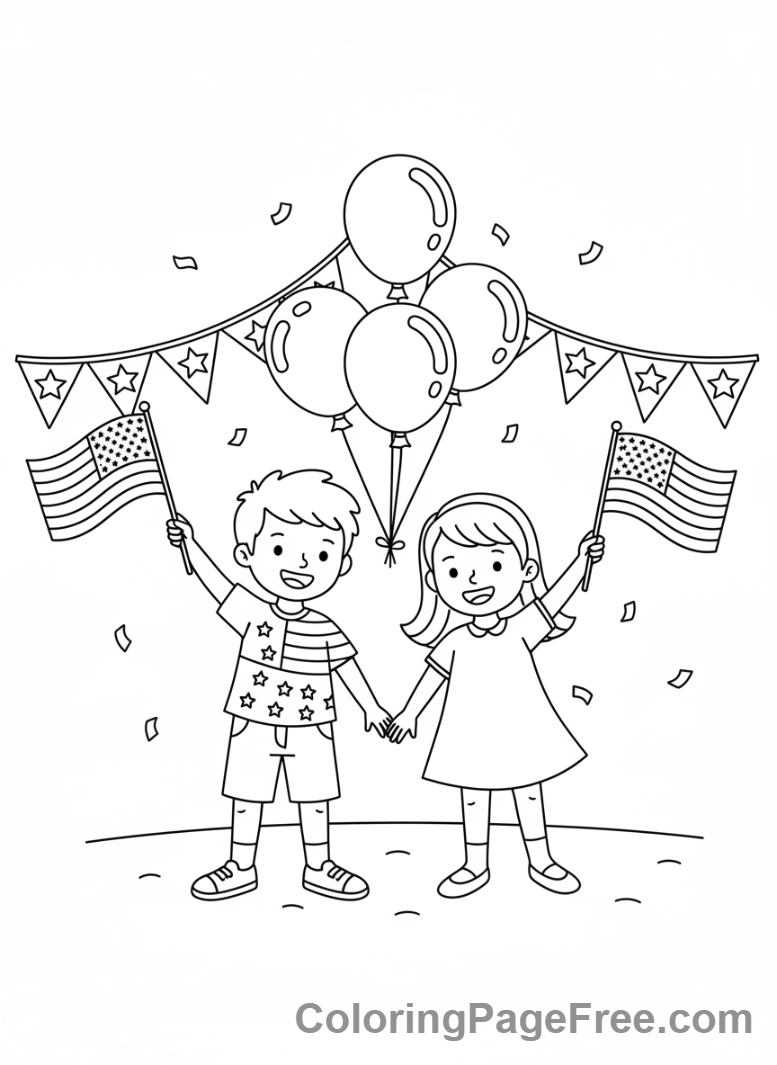 Holiday coloring page - Kids waving flags
