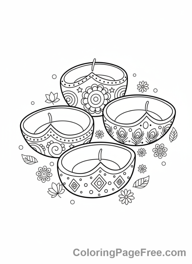 Holiday coloring page - Lit Diwali lamps
