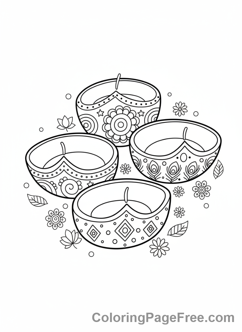 Holiday coloring page - Lit Diwali lamps