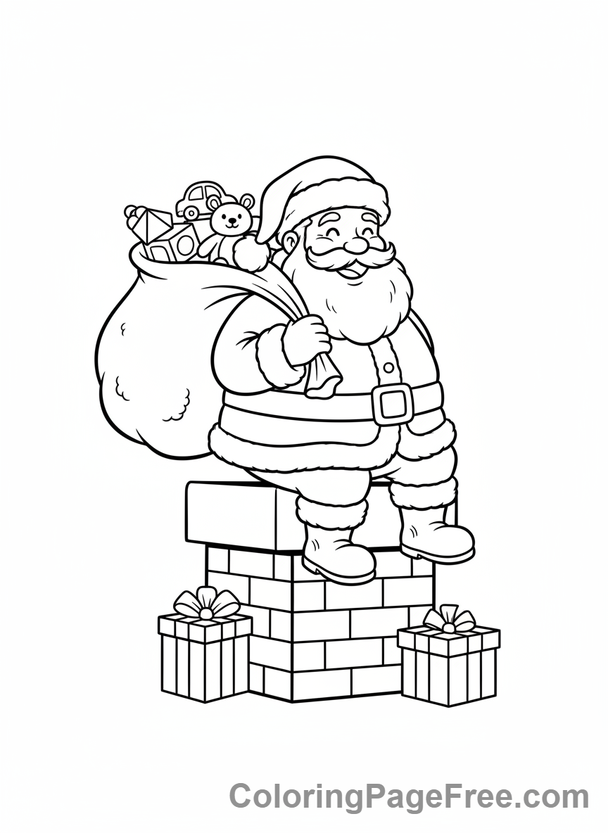 Holiday coloring page - Santa delivering gifts