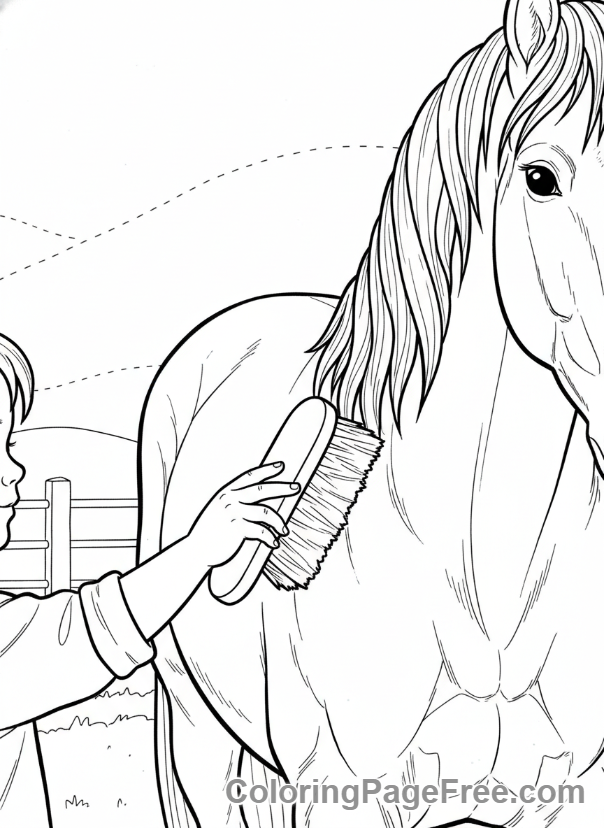 Horse coloring page - Girl brushing horse
