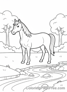 Horse coloring page - Horse by stream