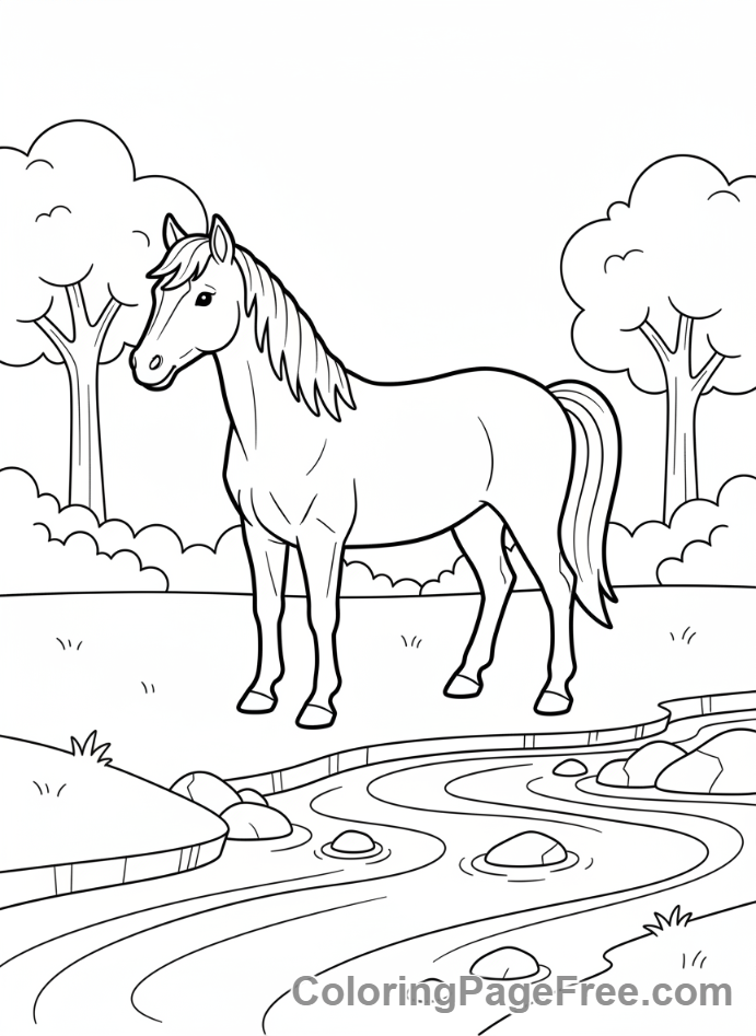 Horse coloring page - Horse by stream