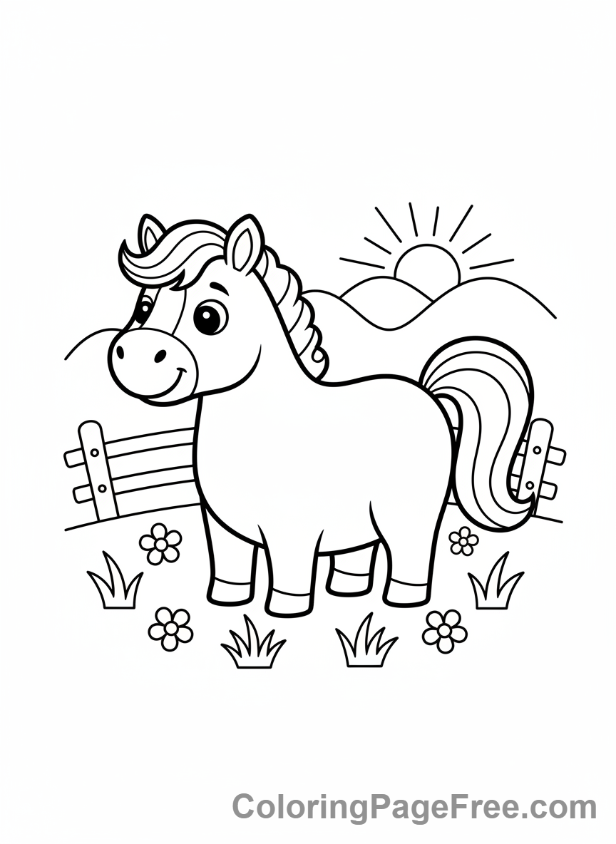 Horse coloring page - Horse standing field
